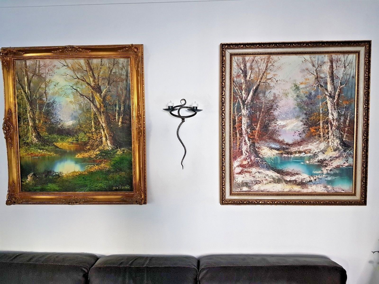2 Large Landscape Oil Relief Paintings Spring & Winter Signed Yvette St Laurent