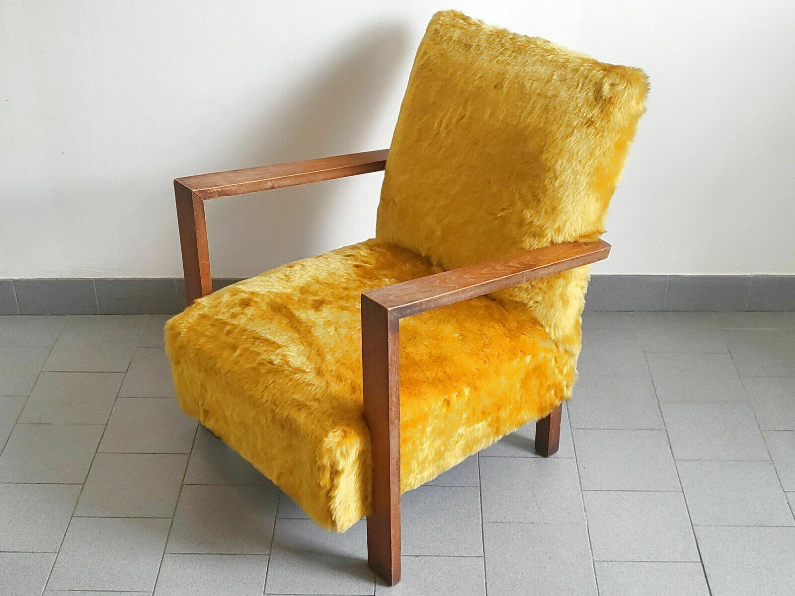 photo buy Vintage Armchair 1940 Oak & Ocre Synthetic Fur Dlg Jean Royere 40s