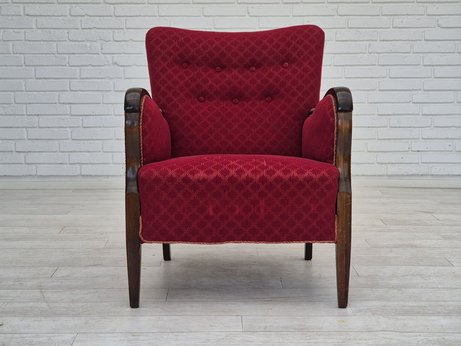 1950s, Danish Design, Armchair, Original Condition, Red Cotton Wool Fabric. photo for sale