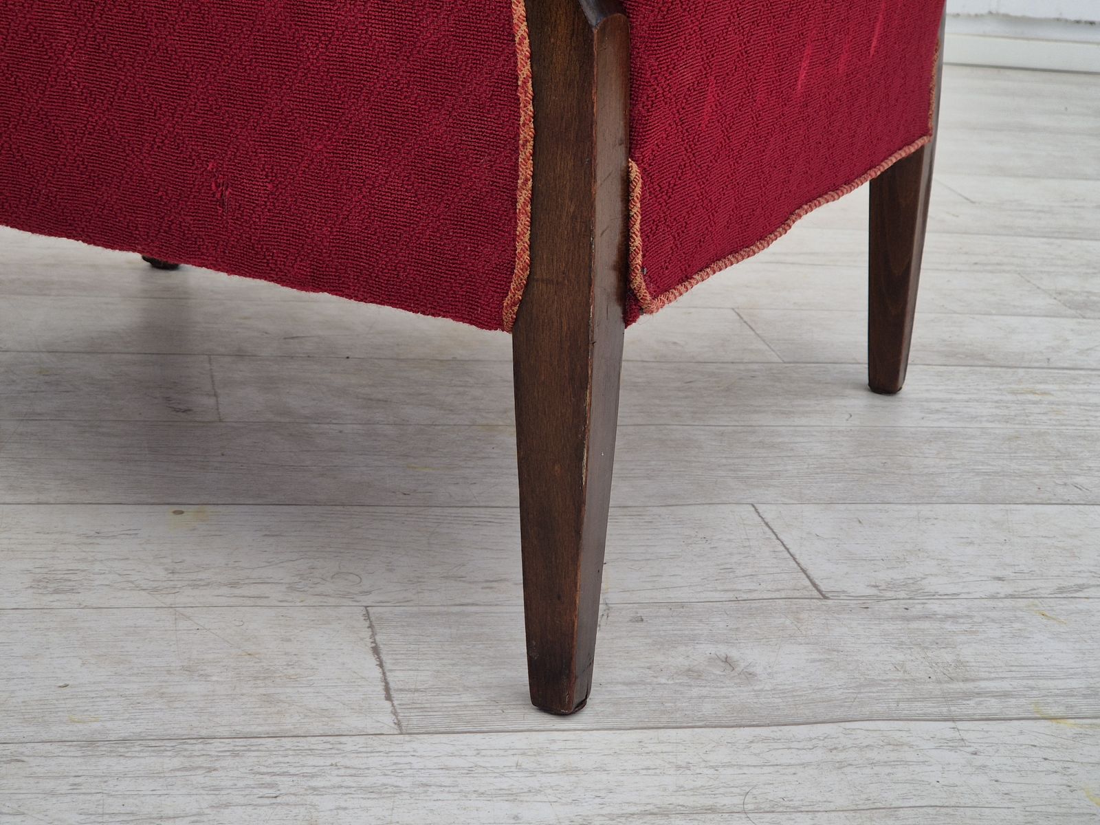 1950s, Danish Design, Armchair, Original Condition, Red Cotton Wool Fabric. photo vinterior