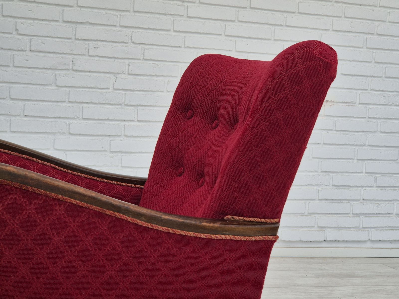 photo for sale 1950s, Danish Design, Armchair, Original Condition, Red Cotton Wool Fabric.
