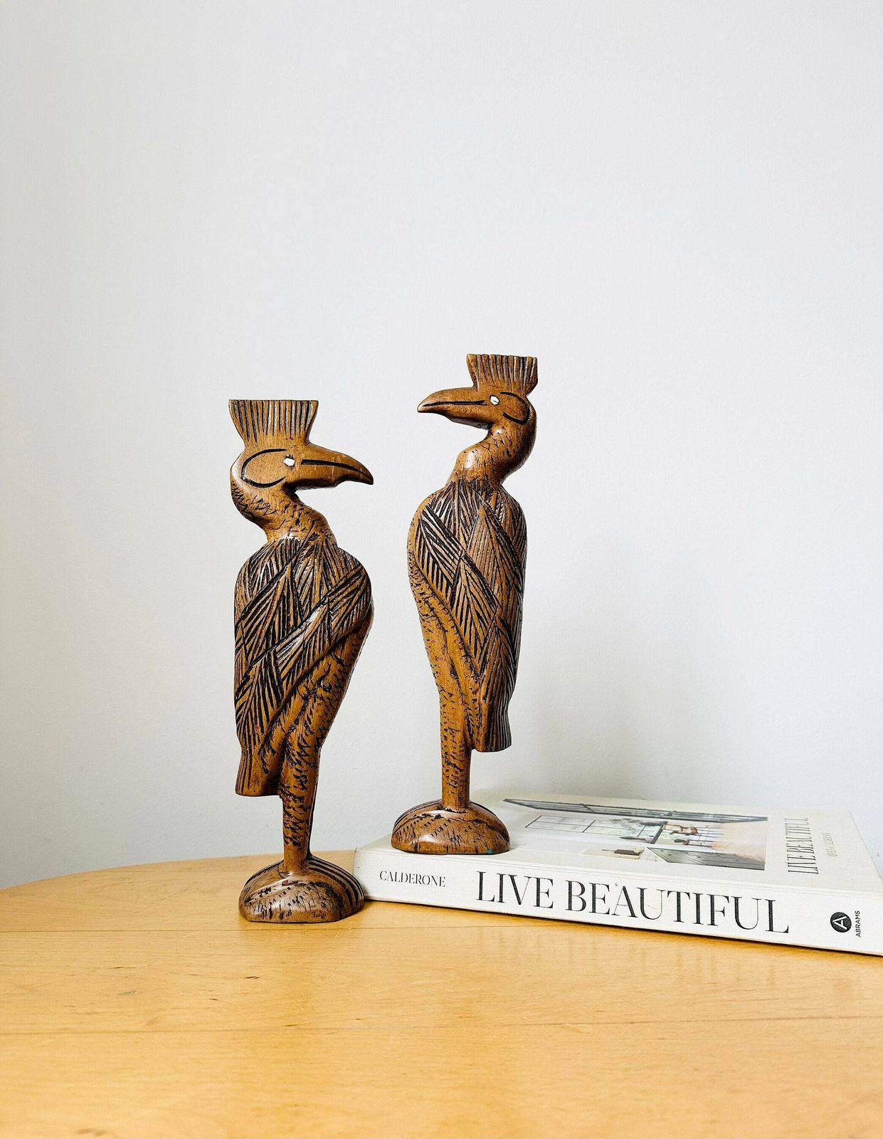 Pair Of Wood Birds, Hand Carved Birds