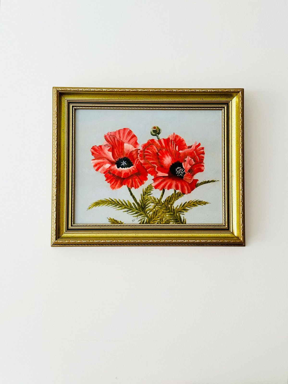 Framed Oil Painting On Canvas Board, Red Poppies Painting, Still Life, Floral Painting
