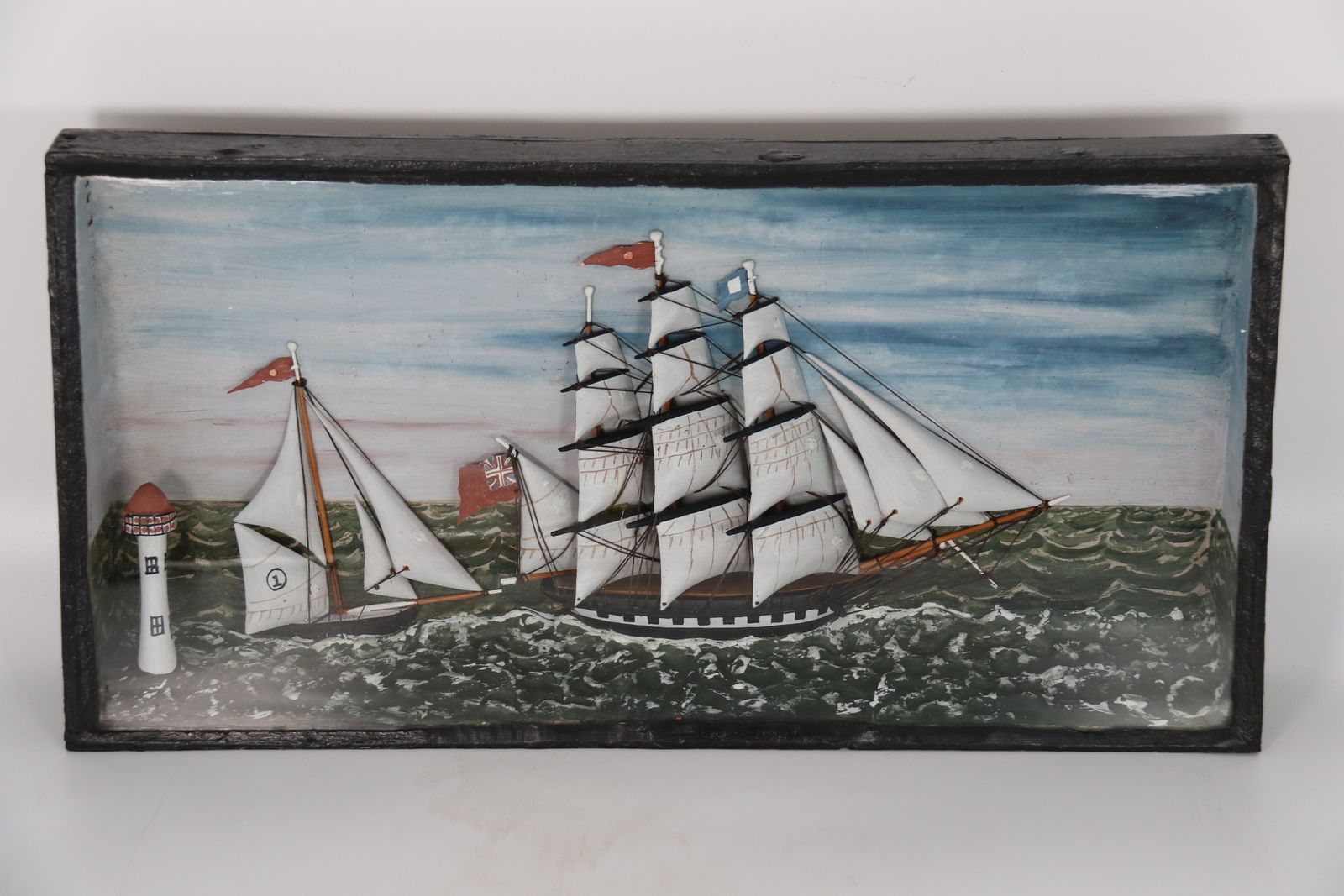 A 19th  Century Folk Art Diorama Of Two Sailing Vessels Racing At Sea Circa 1860