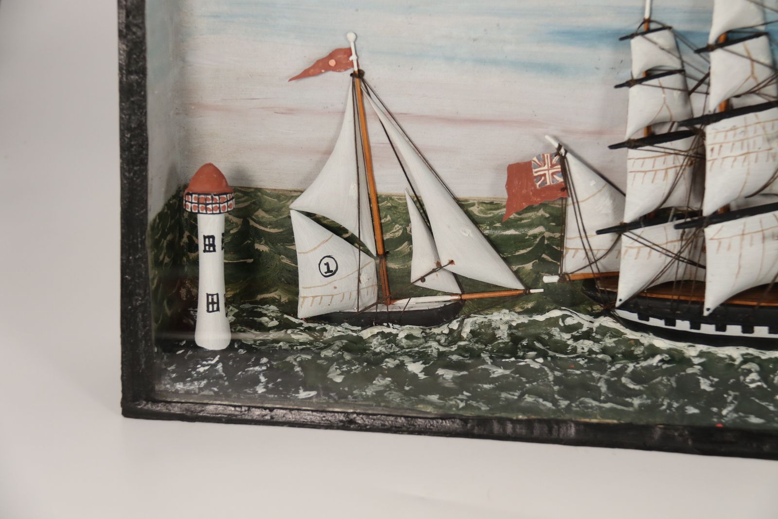 photo furniture A 19th  Century Folk Art Diorama Of Two Sailing Vessels Racing At Sea Circa 1860