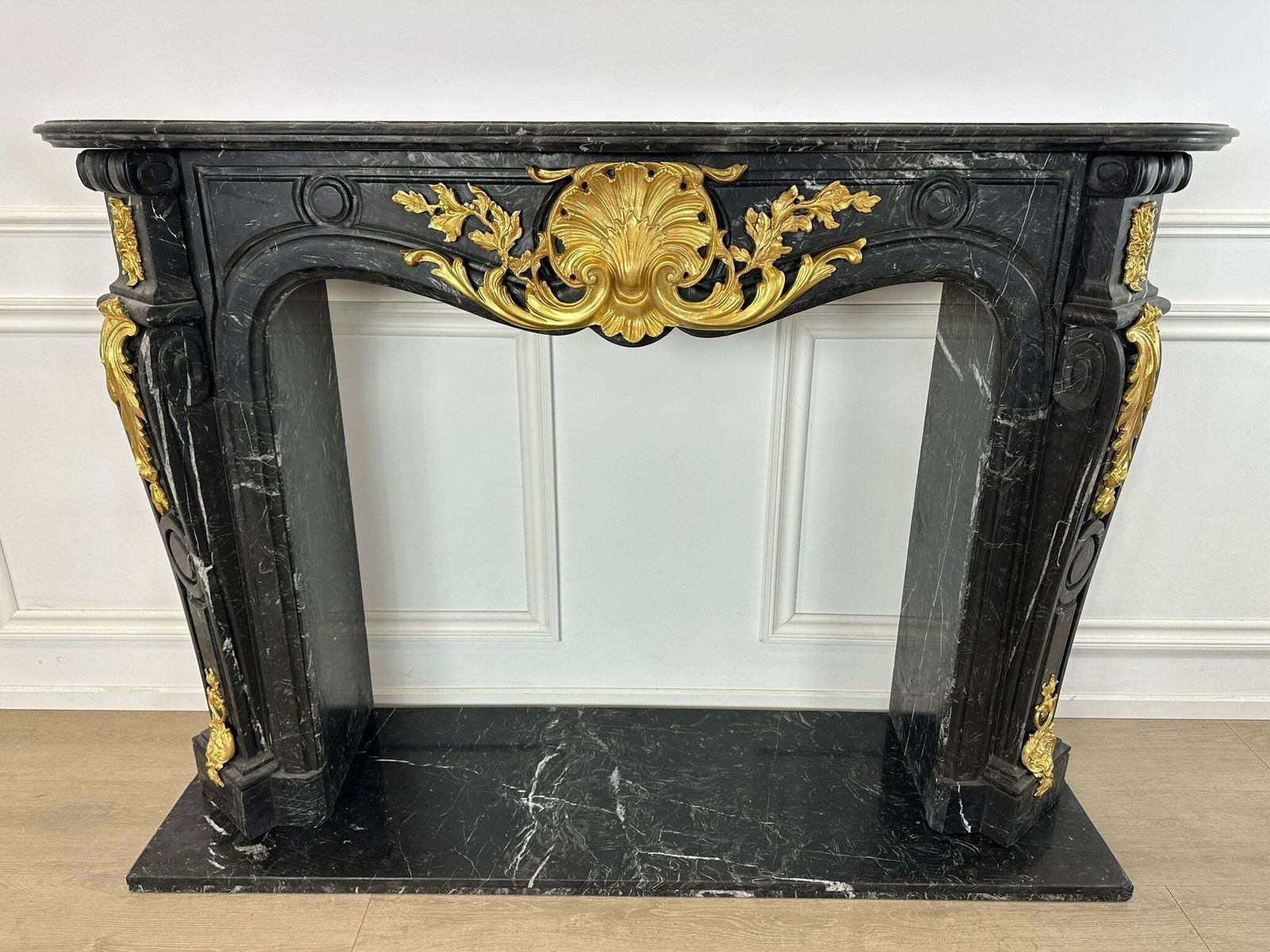Stunning, Rococo Black Marble Fireplace With Ormolu Detailing