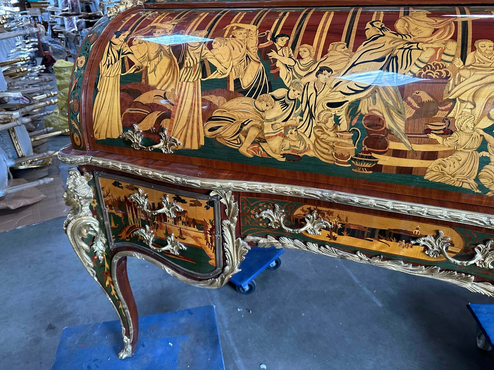 Beautiful, French Inlaid Bureau Desk, With Roman Scene photo Furniture