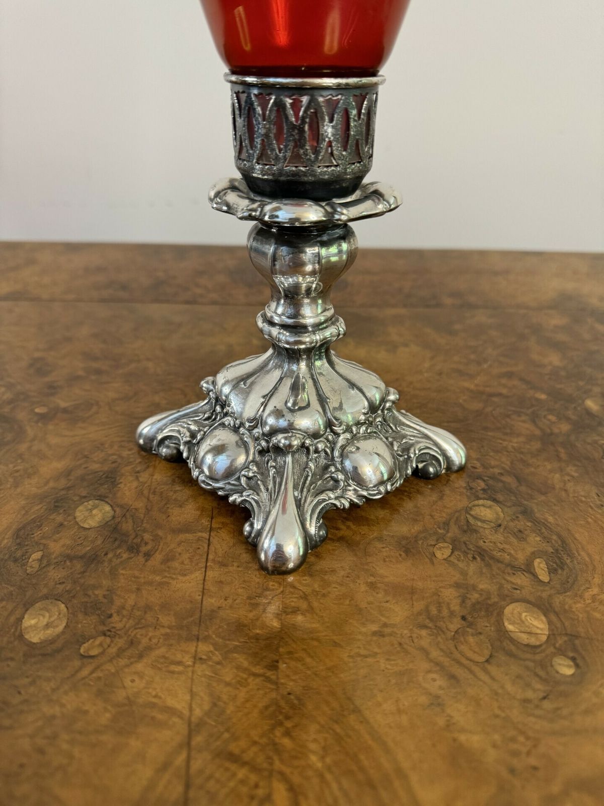 Attractive Pair Of Antique Ruby Glass And Silver Plated Candle Holders photo for sale