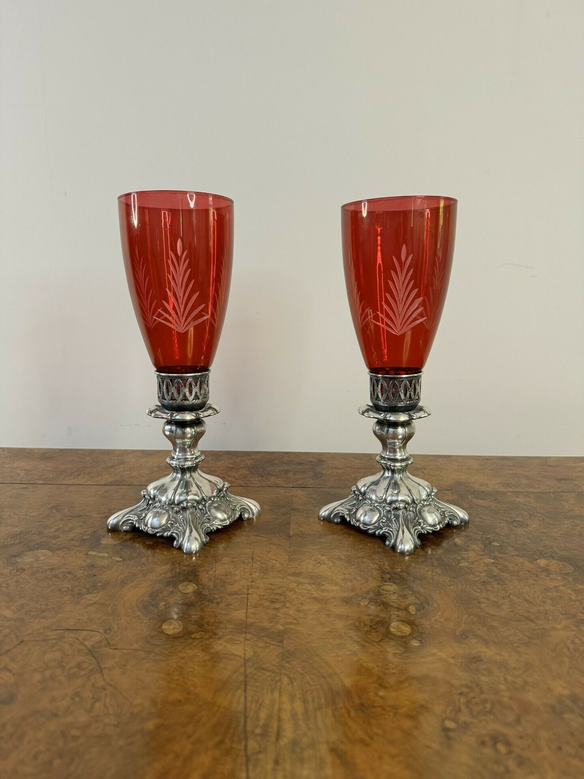 Attractive Pair Of Antique Ruby Glass And Silver Plated Candle Holders