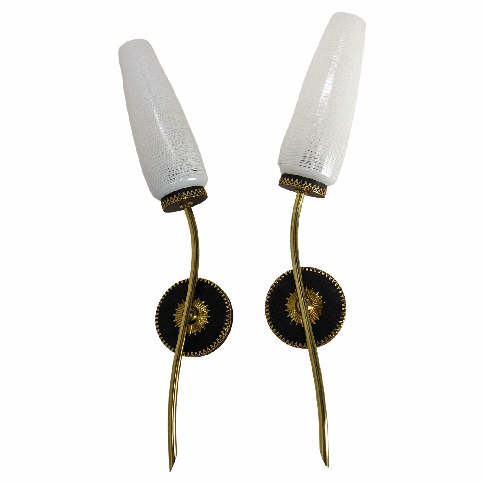 Pair Of Sconces Frozen Glass Black & Golden Chrome Circa 1960 Arlus Style France