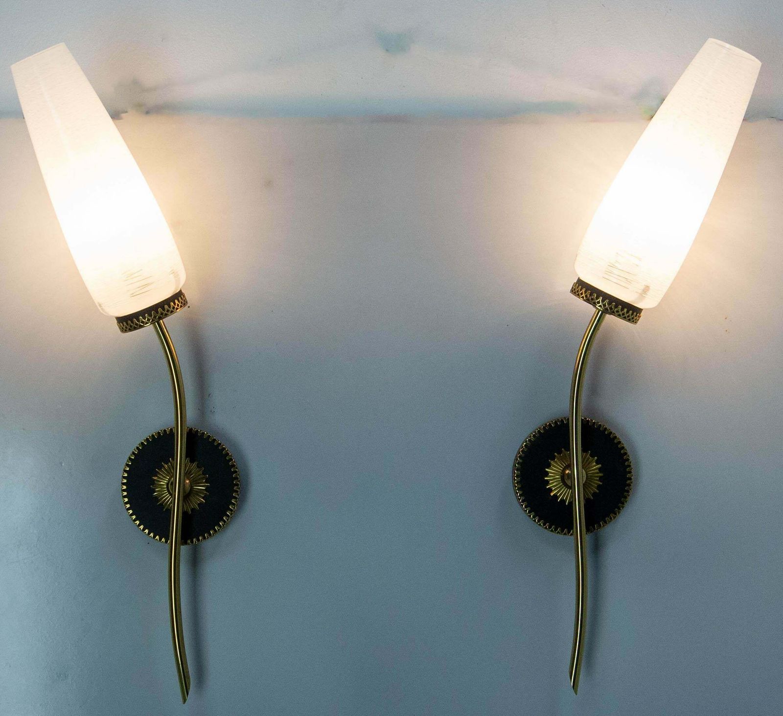 Pair Of Sconces Frozen Glass Black & Golden Chrome Circa 1960 Arlus Style France photo Lighting