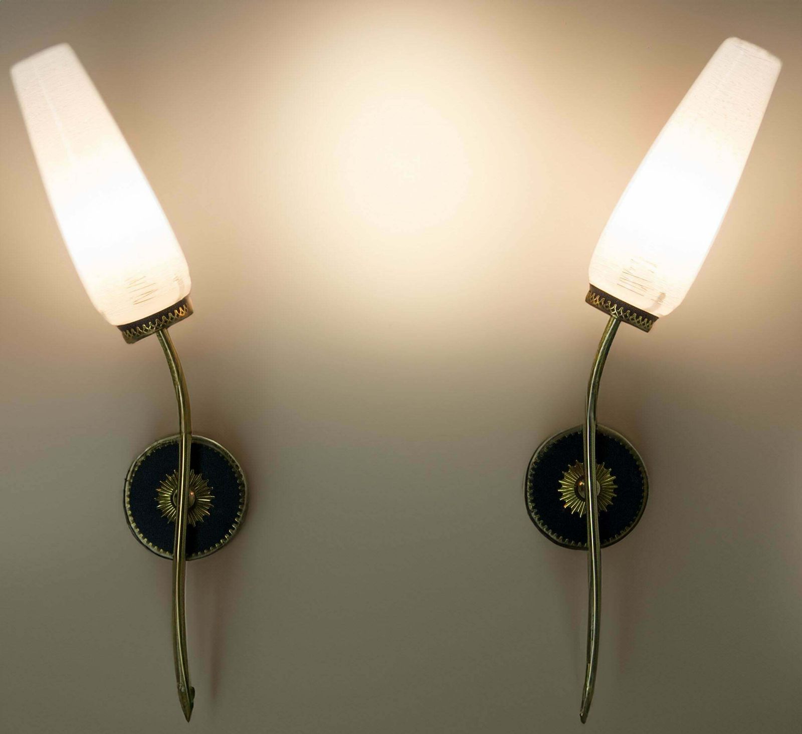 1179.0 Pair Of Sconces Frozen Glass Black & Golden Chrome Circa 1960 Arlus Style France photo