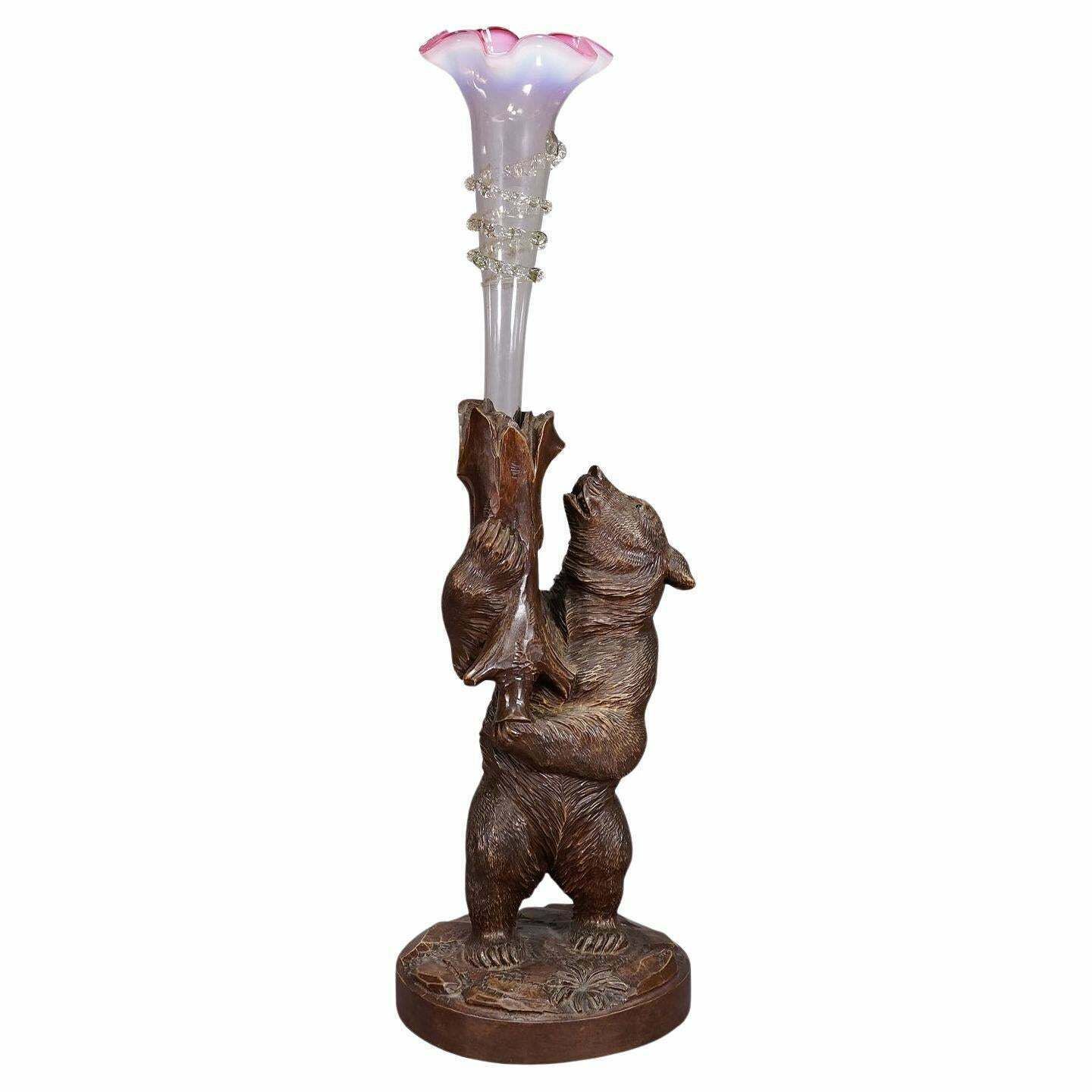 A Wooden Carved Black Forest Bear With Glass Vase Ca. 1900s photo vinterior