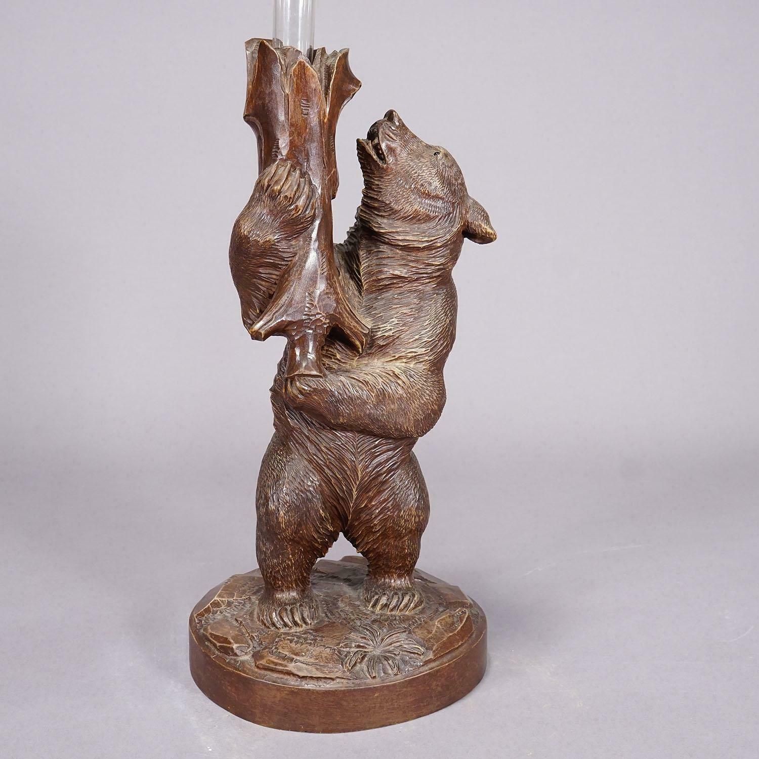 A Wooden Carved Black Forest Bear With Glass Vase Ca. 1900s photo vintage