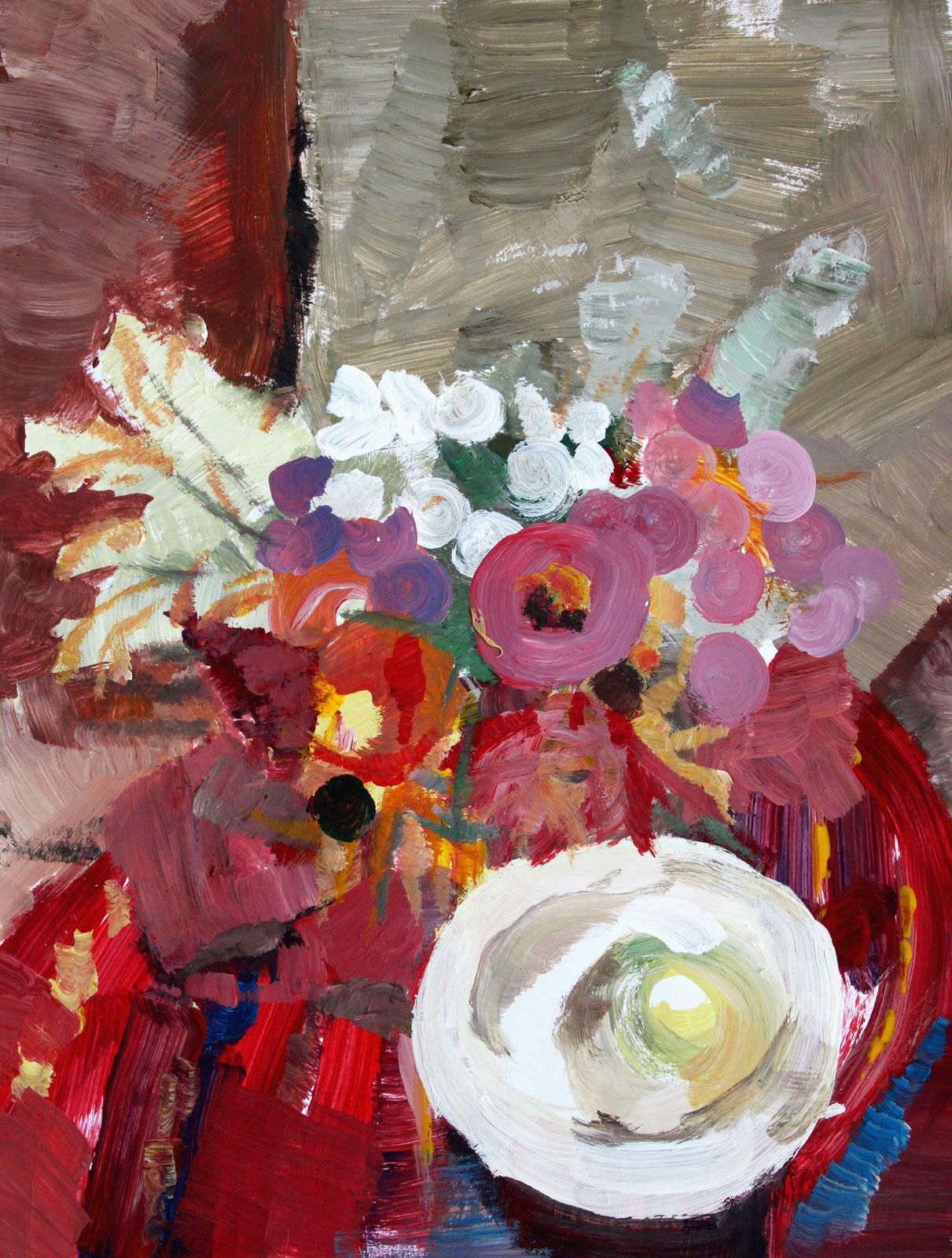 Victor Karnauh Still Life With Flowers And Apple. Oil On Paper, 39. 5 X 30 Cm