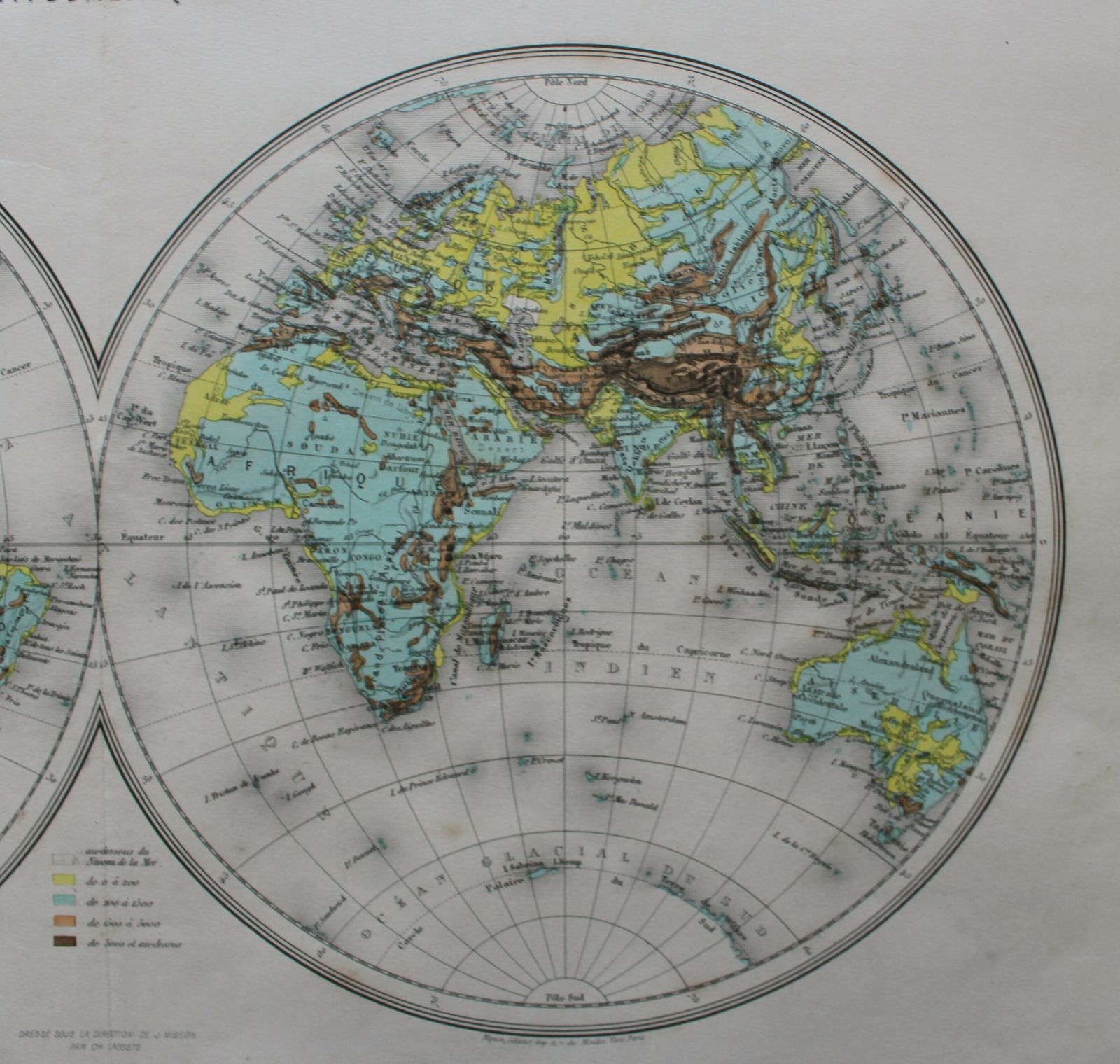World Map ‘Mappemonde Hypsometric’ By J Migeon 1864 photo for sale
