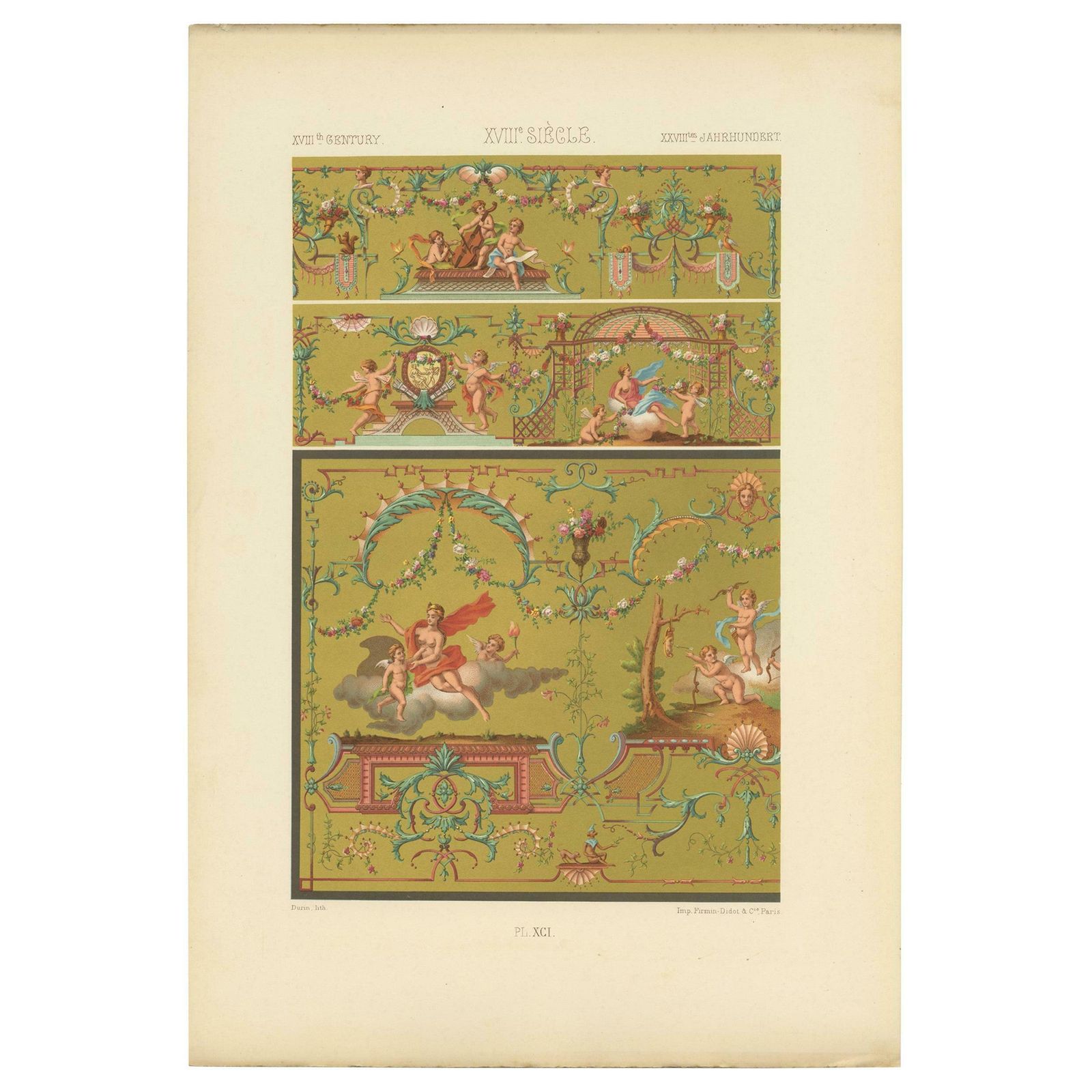 Pl. 91 Antique Print Of Xviiith Century Ornaments By Racinet, Circa 1890