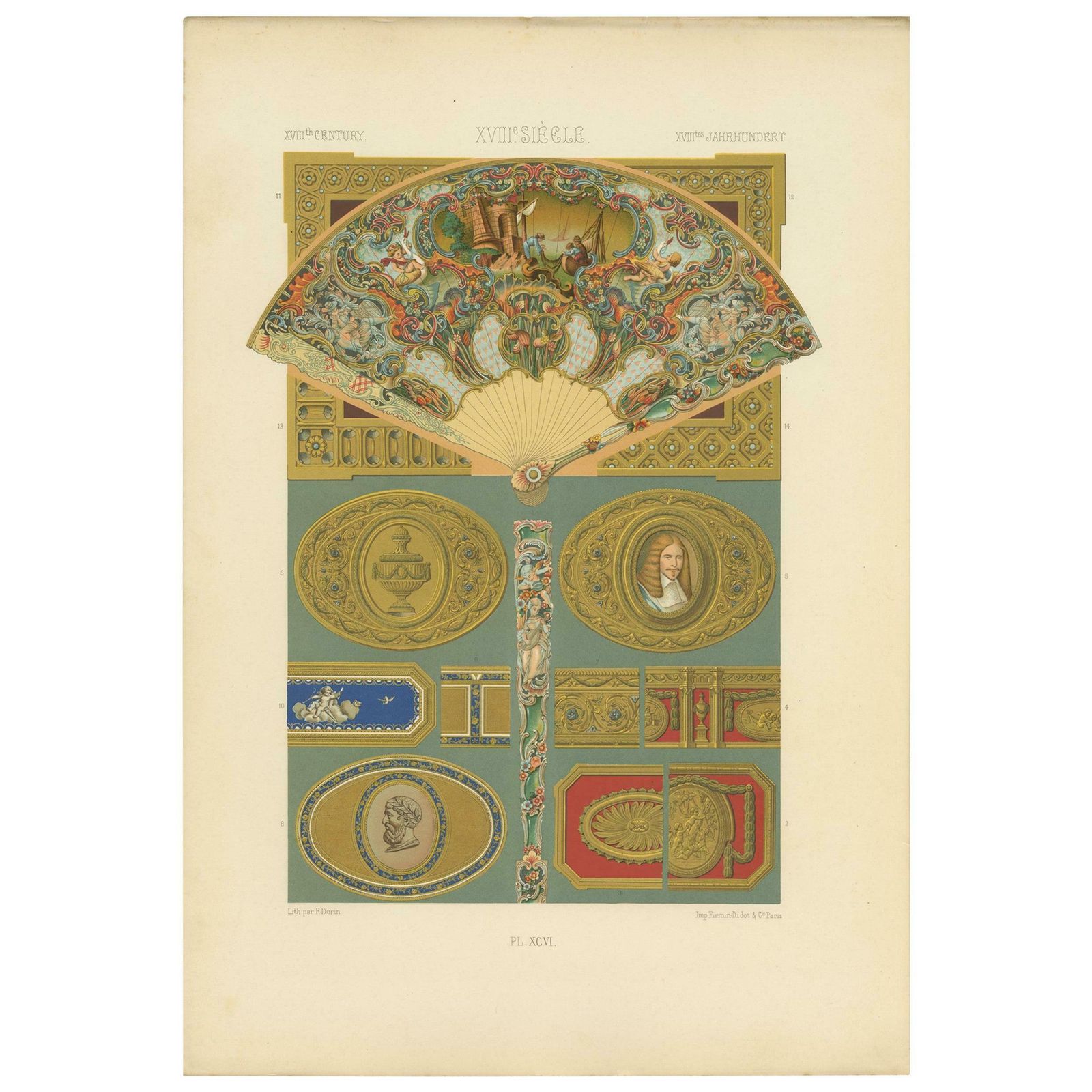Pl. 96 Antique Print Of Xviiith Century Ornaments By Racinet (C.1890)