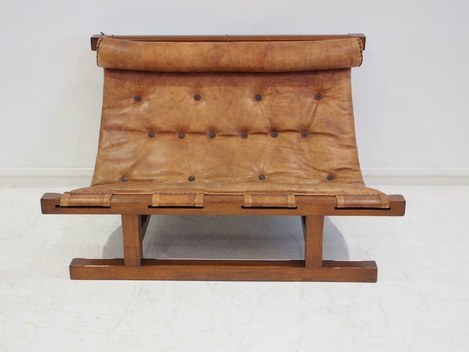 20th Century Brazilian Brown Leather And Hardwood Sofa photo for sale