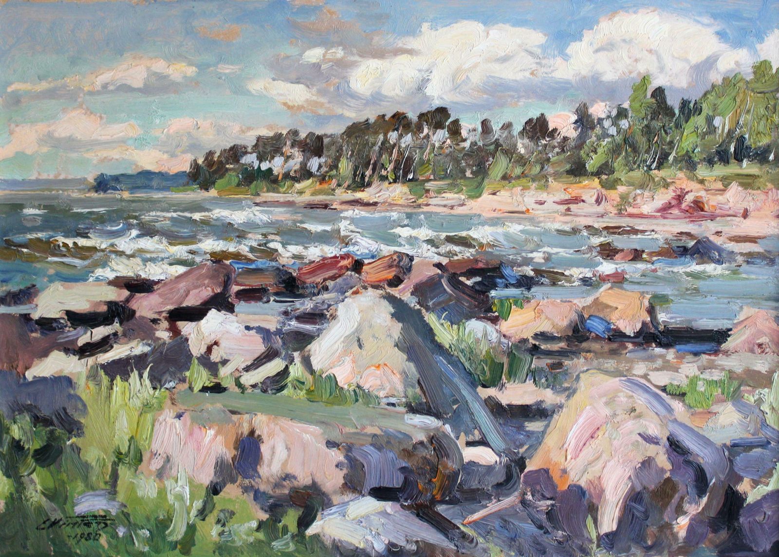Edgars Vinters Rocky Seashore. 1980, Cardboard, Oil, 48x66 Cm 1980