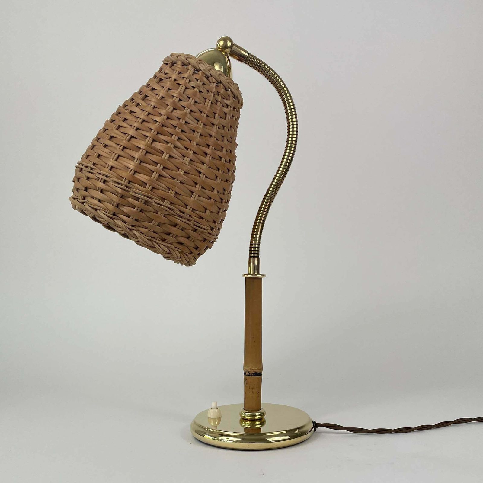 Wicker, Bamboo & Brass Table Lamp, Austria 1950s photo furniture