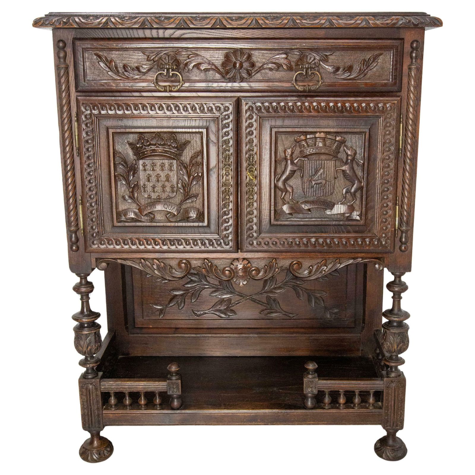 French Brittany Dressoir Buffet Chesnut Cabinet With Blazons, Late 19th Century