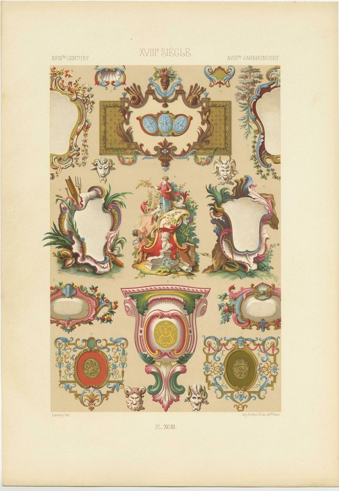 Pl. 93 Antique Print Of Xviiith Century Ornaments By Racinet (C.1890) photo furniture
