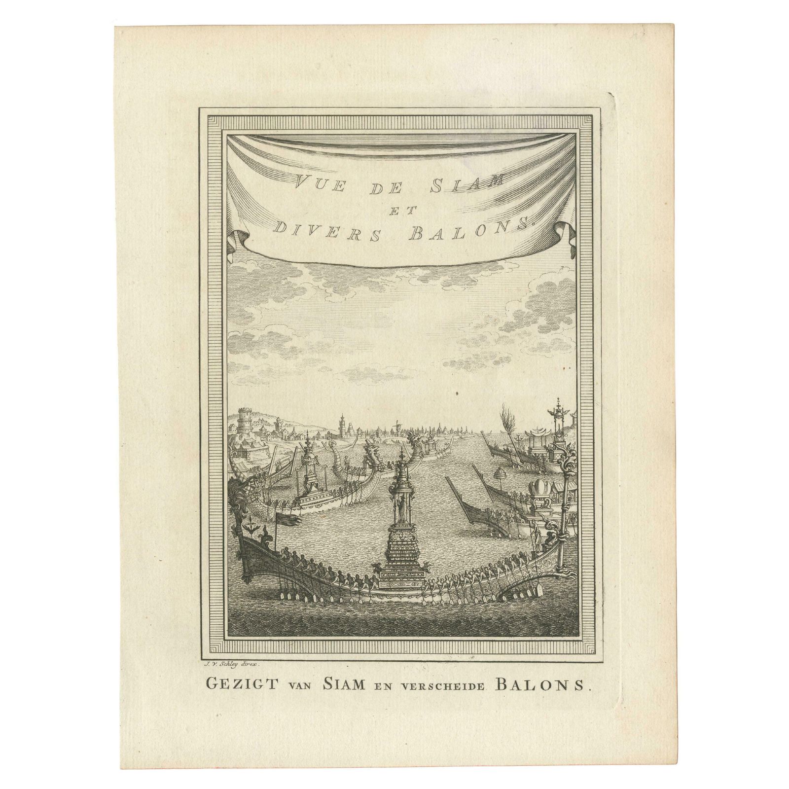 Antique Print Of Siam And Various Vessels By Van Schley 'C.1750'