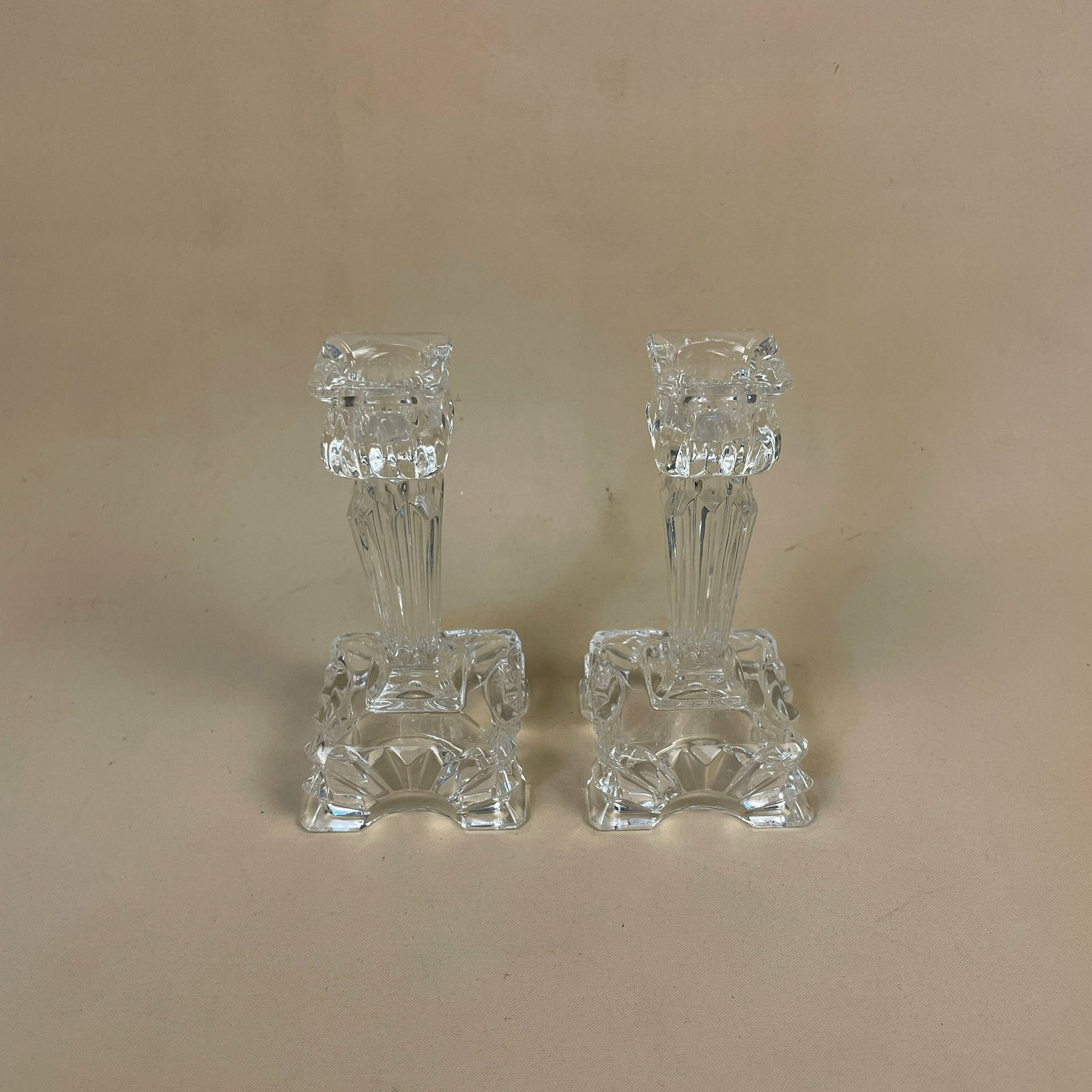 Vintage Pair Of Matching Clear Glass Candlestick Candle Stick Holder Taper Dinner Candlesticks Chandelier Square Base Antique Art Deco