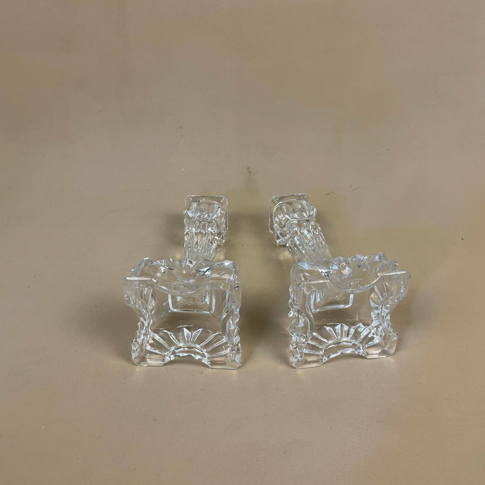 Vintage Pair Of Matching Clear Glass Candlestick Candle Stick Holder Taper Dinner Candlesticks Chandelier Square Base Antique Art Deco photo 55.0