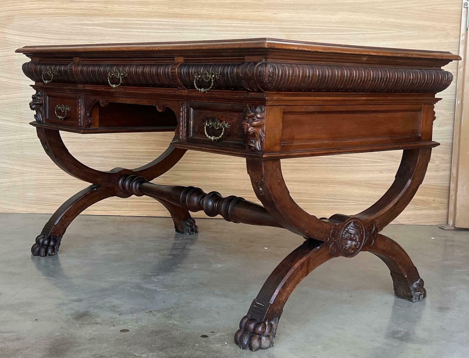 Furniture 19th Century Spanish Walnut Desk With Two Drawers & Strong Legs, 1890s photo