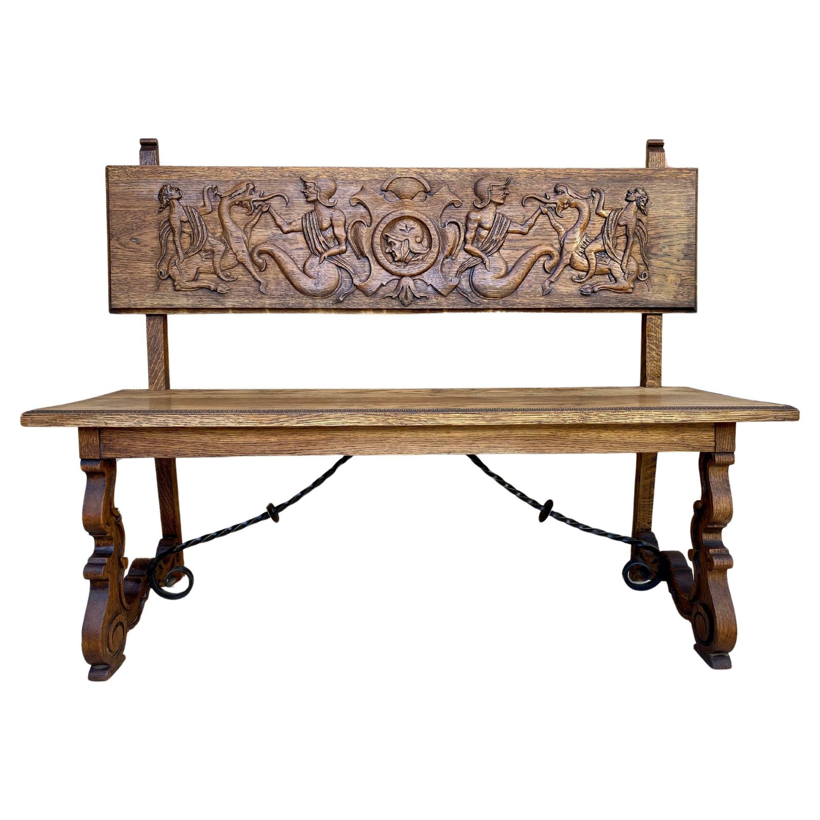 Banquette espagnole Renaissance en chêne sculpté, escaño, années 1890