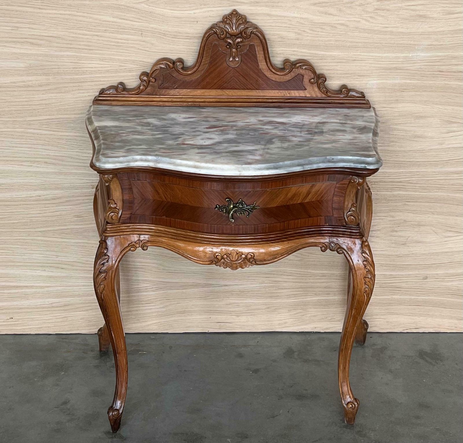 French Pair Of Nightstand Tables With Crest & Carved Drawer And Cabriole Legs photo Furniture