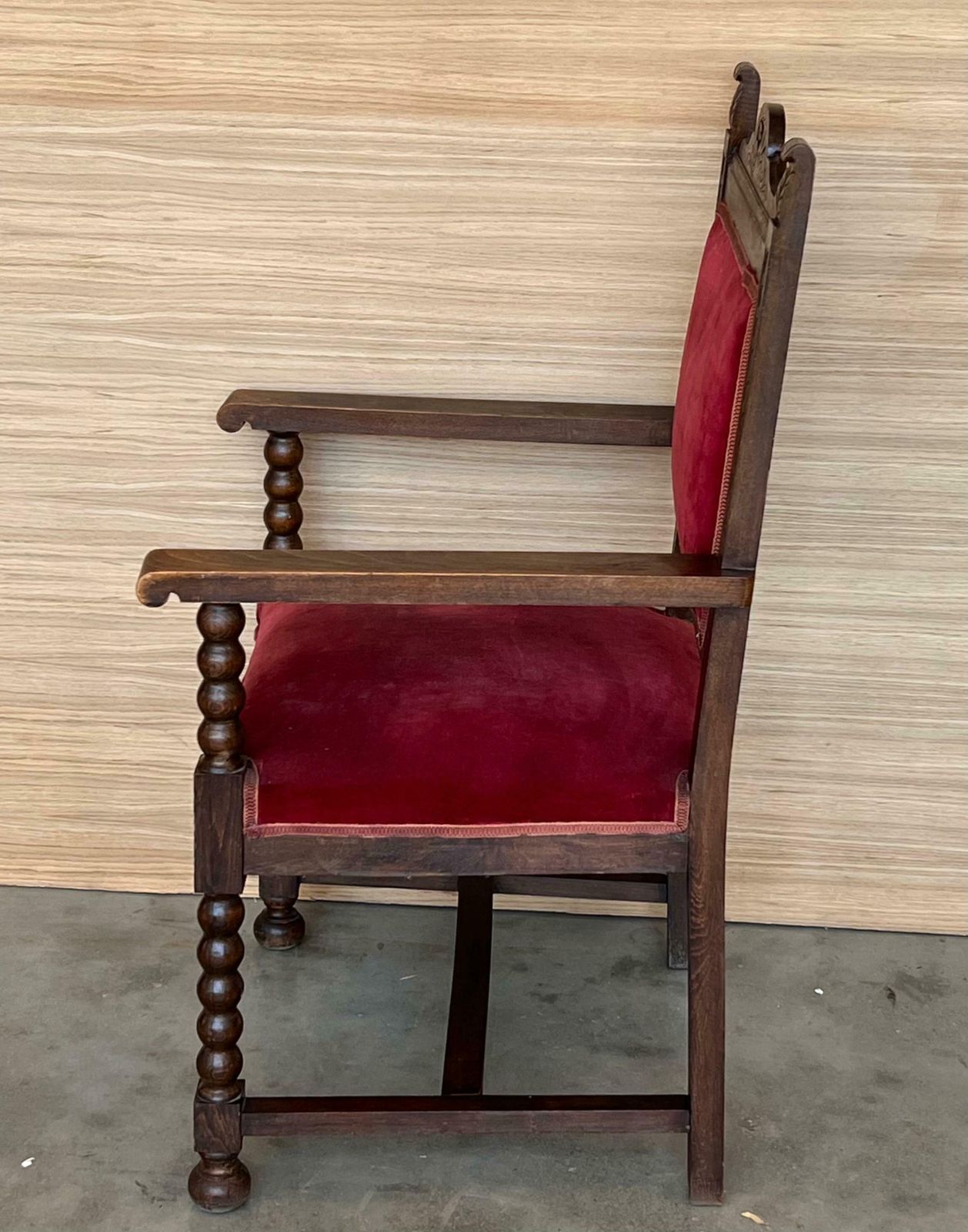19th Century Spanish Colonial Altar Carved Armchair With Red Velve Seat And Back photo vintage