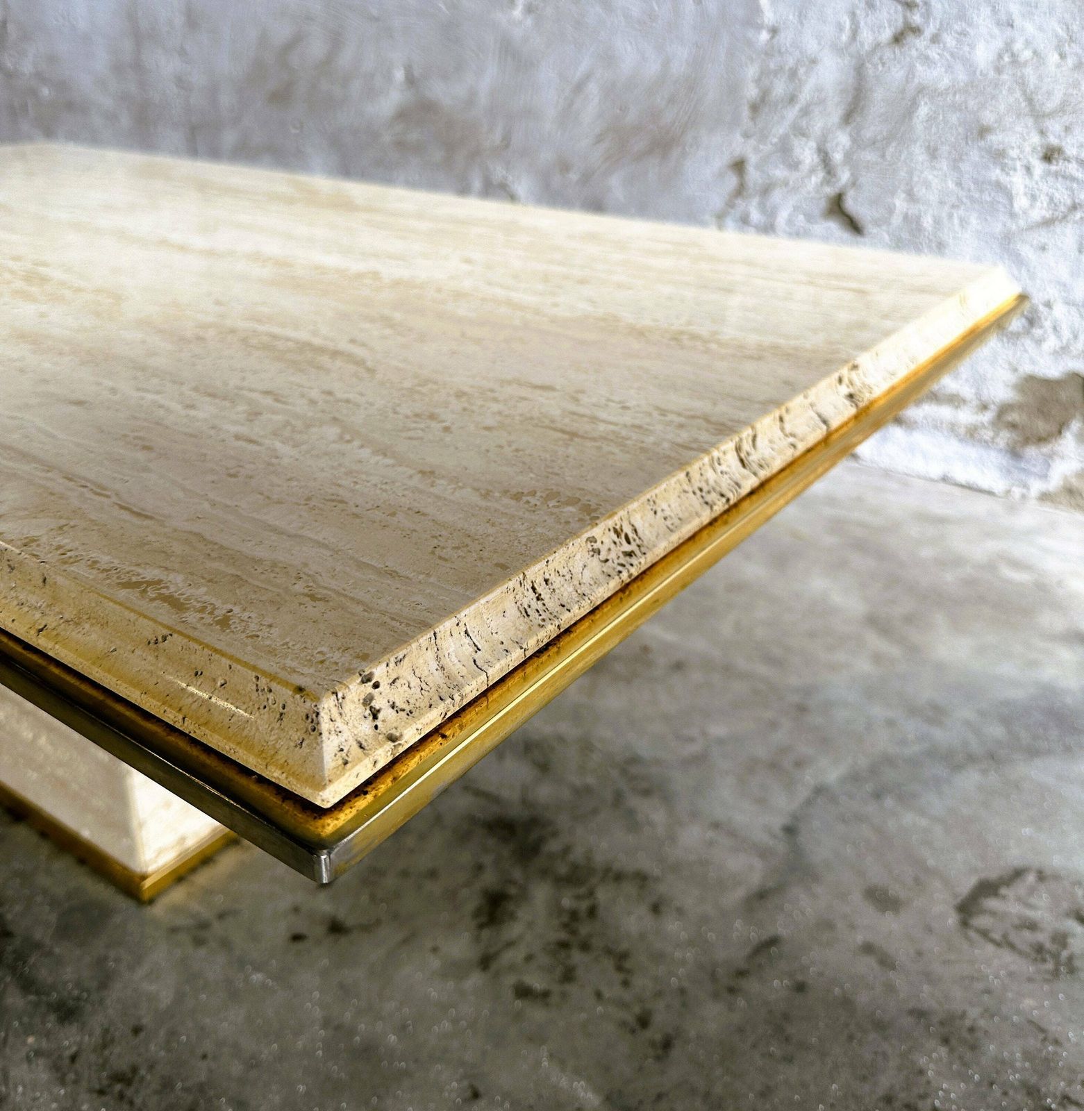 Vintage Travertin Coffee Table With Brass Rim, France 1980s. photo furniture