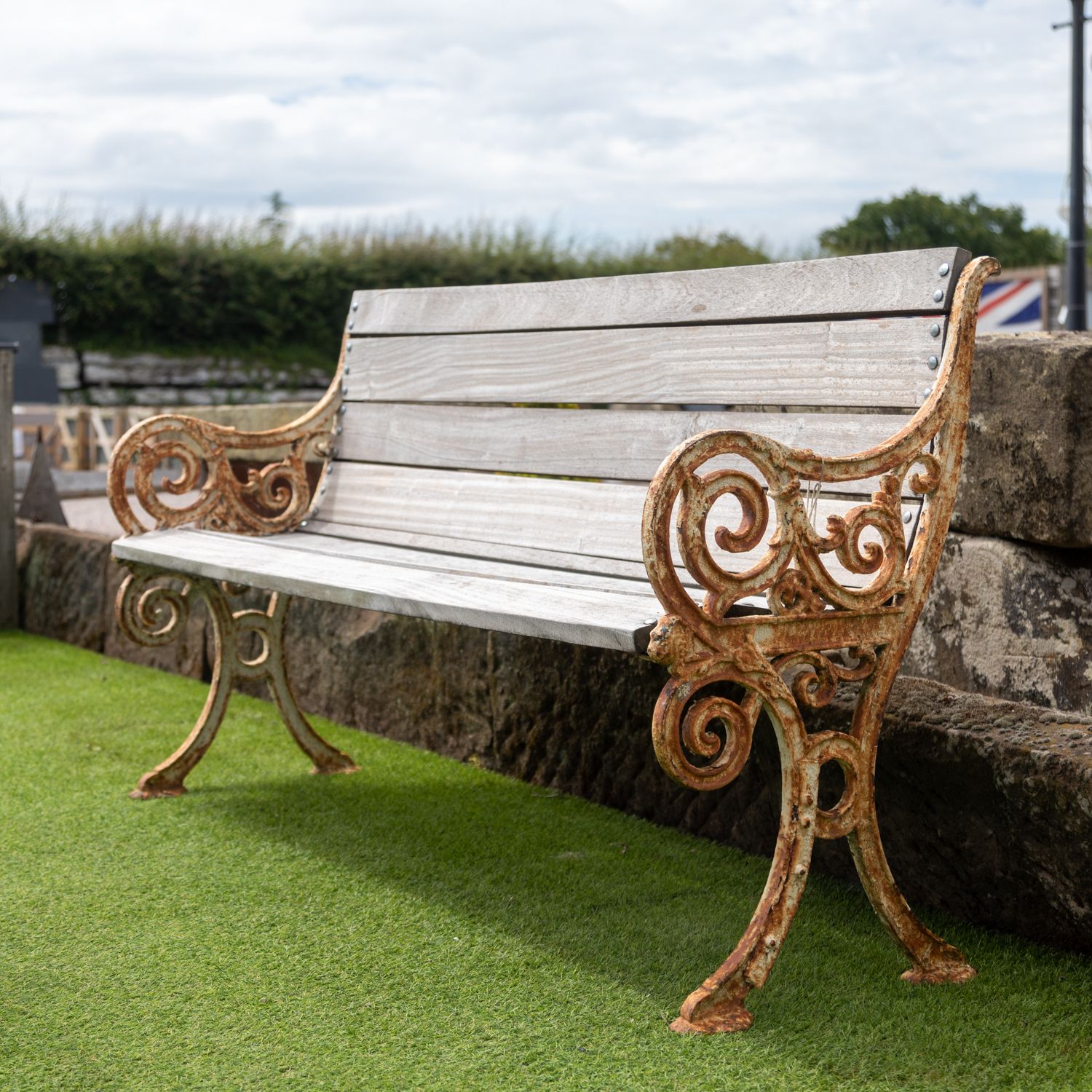 Antique Garden Bench With Decorative Cast Iron Ends