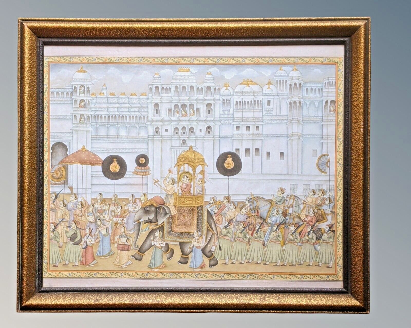 Good Indian Silk Painting Maharajah & Elephants photo for sale