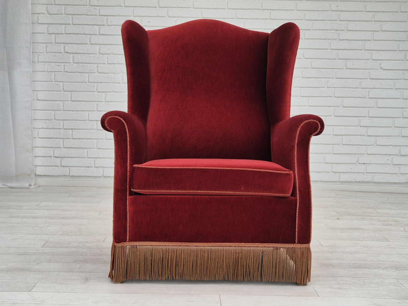 1970s, Danish Highback Wingback Armchair, Original Condition, Furniture Velour, Ash Wood. photo for sale