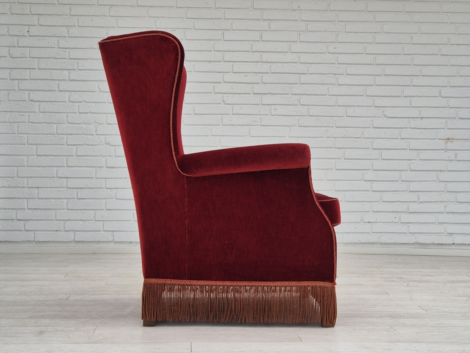 1970s, Danish Highback Wingback Armchair, Original Condition, Furniture Velour, Ash Wood. photo 1290.0