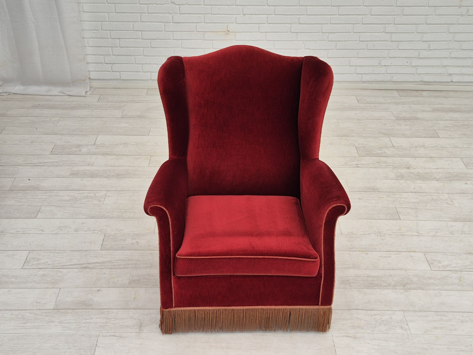 1970s, Danish Highback Wingback Armchair, Original Condition, Furniture Velour, Ash Wood. photo vintage