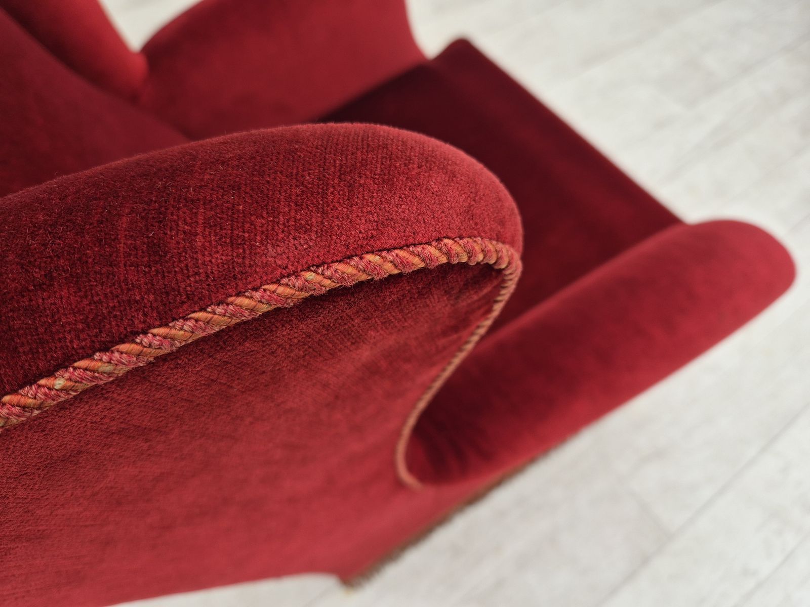 photo for sale 1970s, Danish Highback Wingback Armchair, Original Condition, Furniture Velour, Ash Wood.