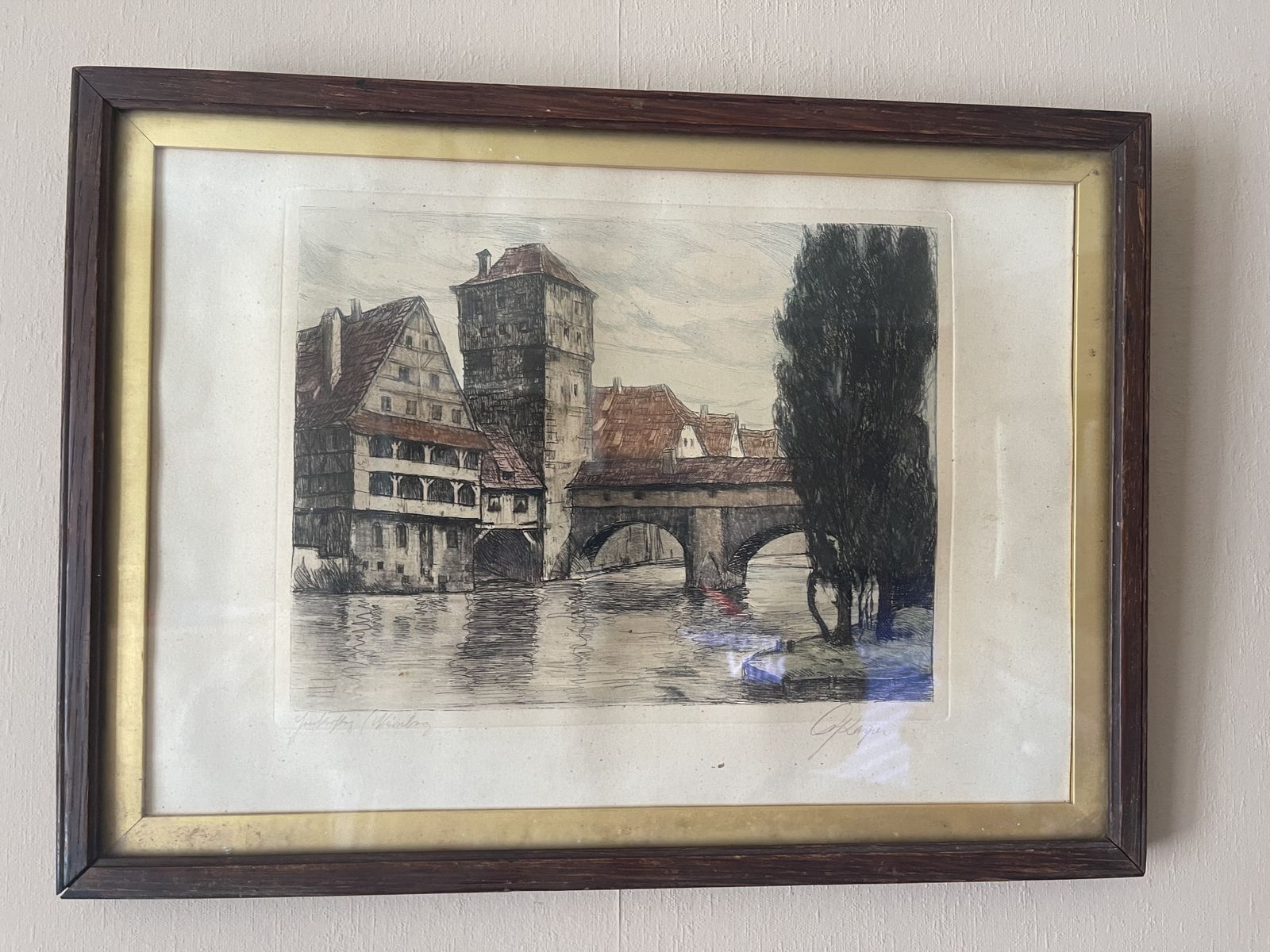 Watercolour Painting Framed And Glazed Of Max Brucke Bridge Nuremberg Germany Signed Very Early 20th Century