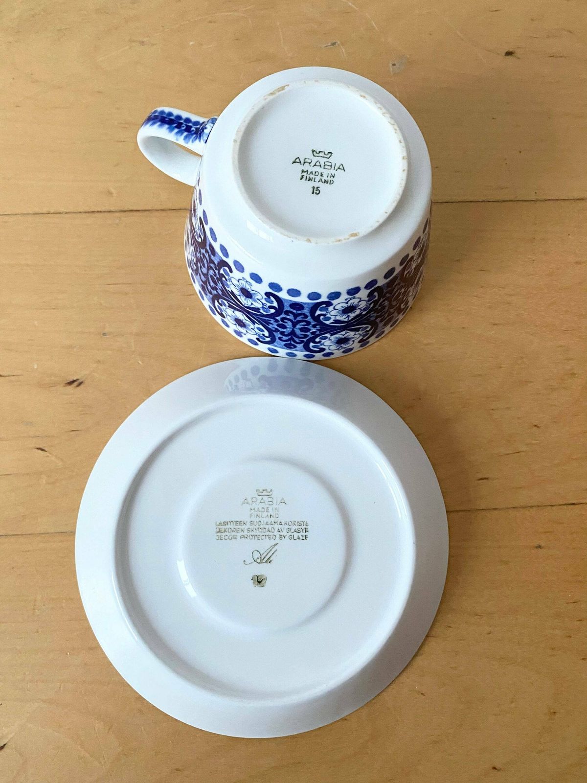 Rare Arabia Finland Blue And White Cup And Saucer, Hand Painted Blue And White photo vinterior