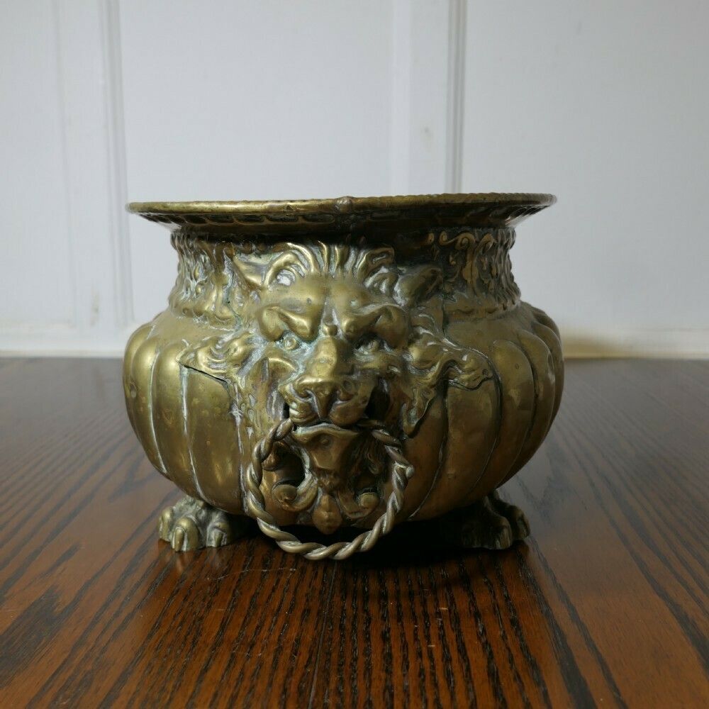 Gothic Brass Jardiniere With Lions Mask Handles And Liner photo for sale