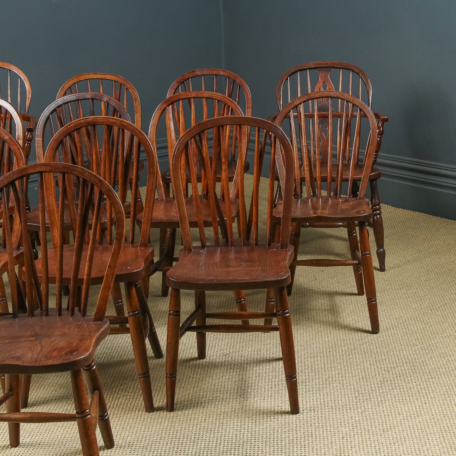 Set Of 12 Twelve Victorian Ash & Elm Windsor Stick & Hoop Back Kitchen Dining Chairs (Circa 1870 – 1930) photo for sale