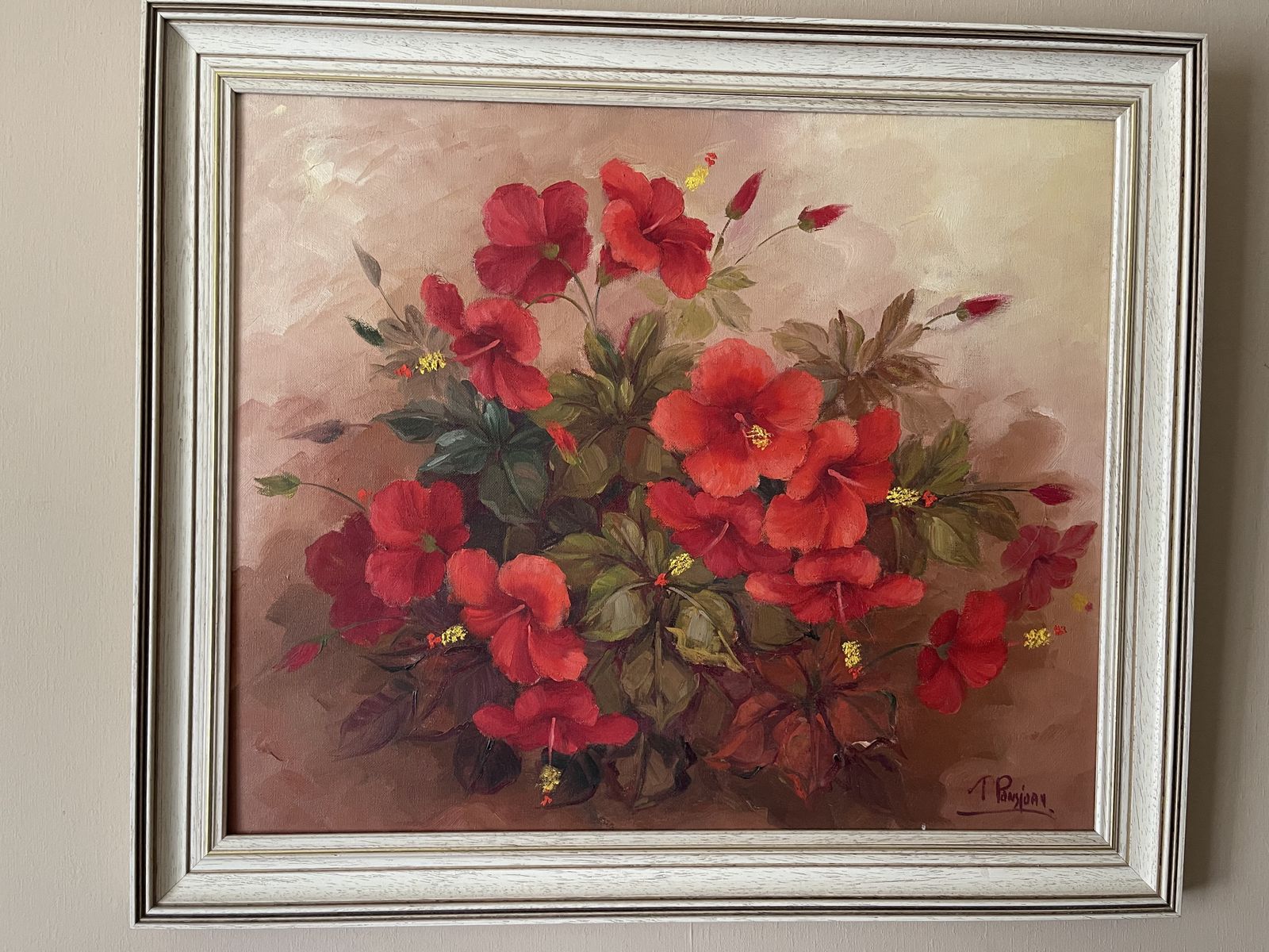 Signed Oil Painting Of A Flowering Red Hibiscus Plant