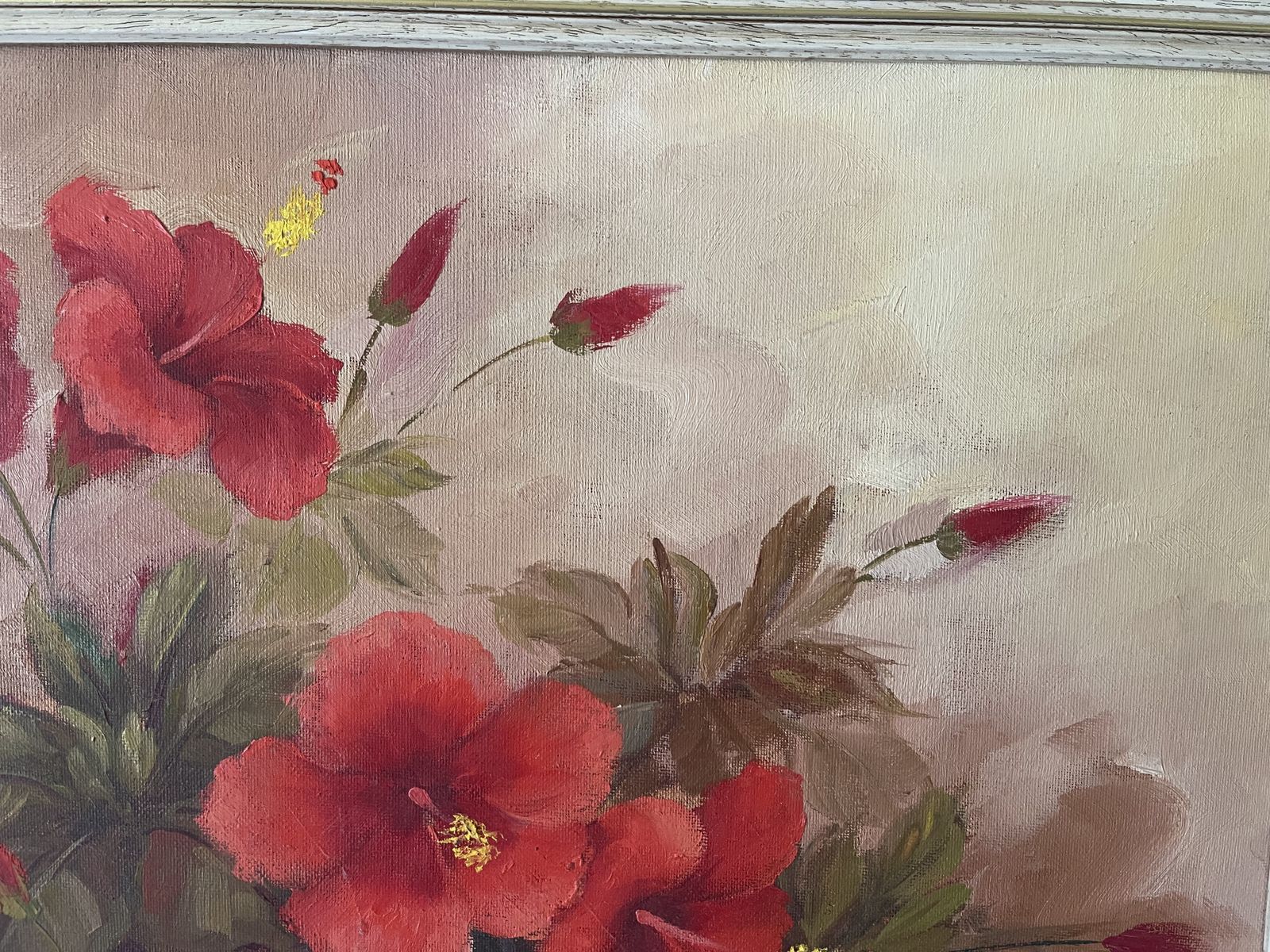 Signed Oil Painting Of A Flowering Red Hibiscus Plant photo Art