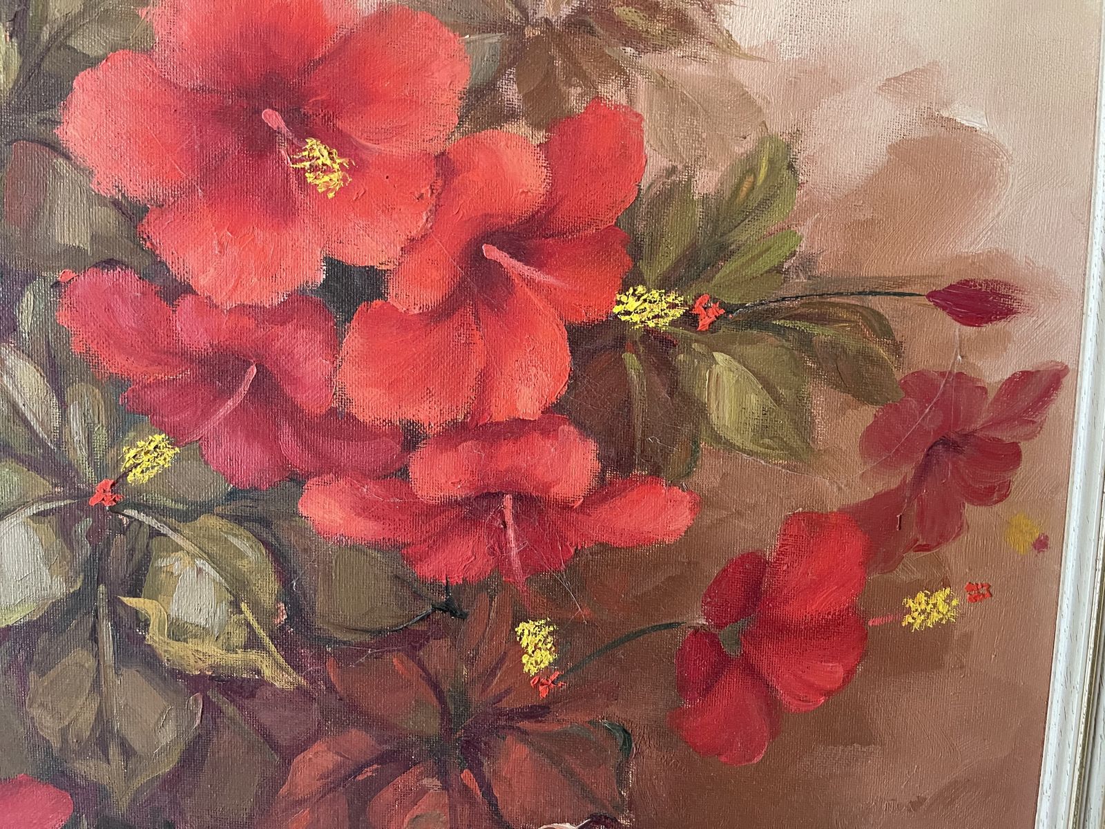 Signed Oil Painting Of A Flowering Red Hibiscus Plant photo 250.0