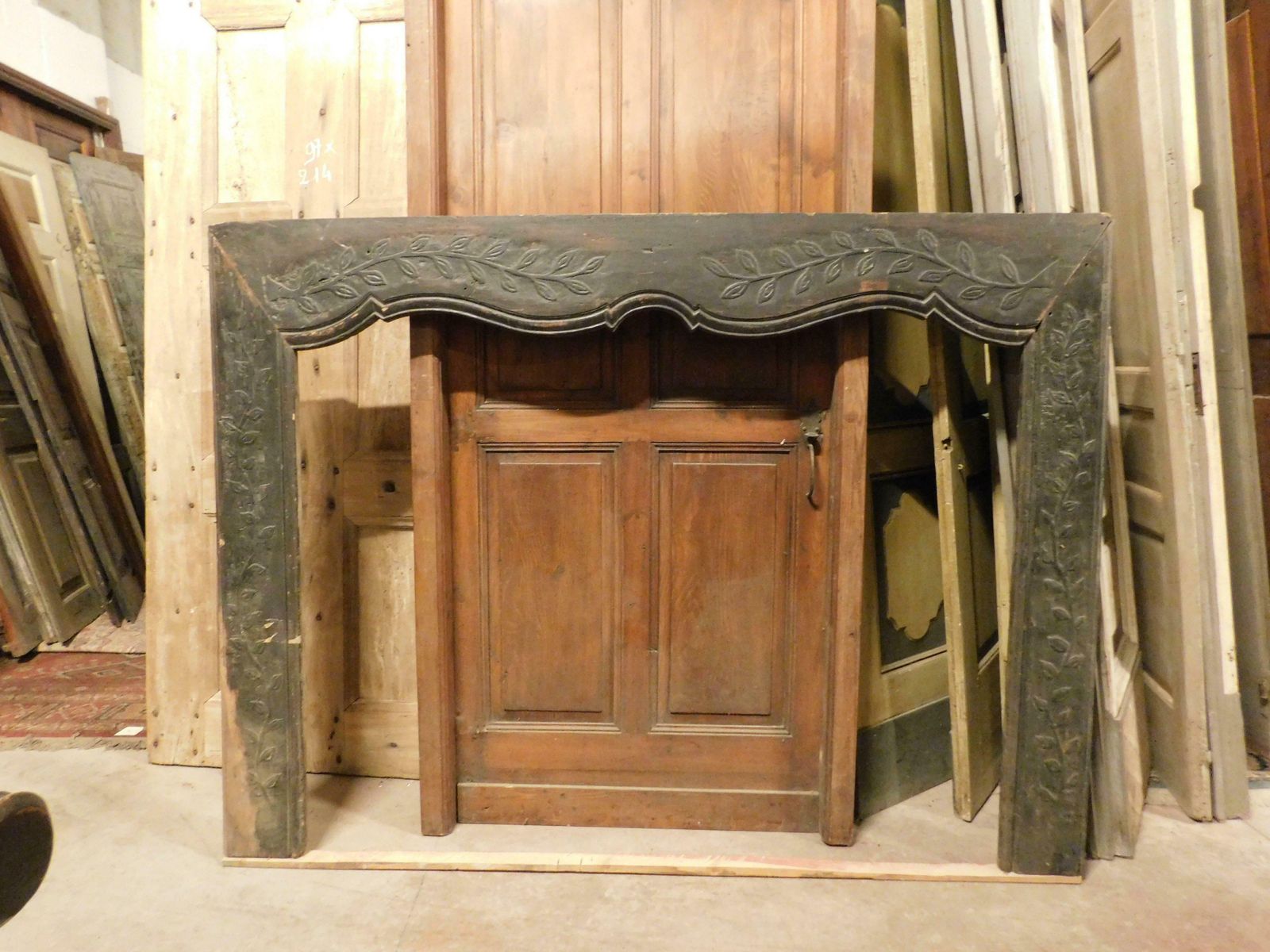 Fireplace Mantle In Black Lacquered Solid Wood With Floral Carvings, Italy photo furniture