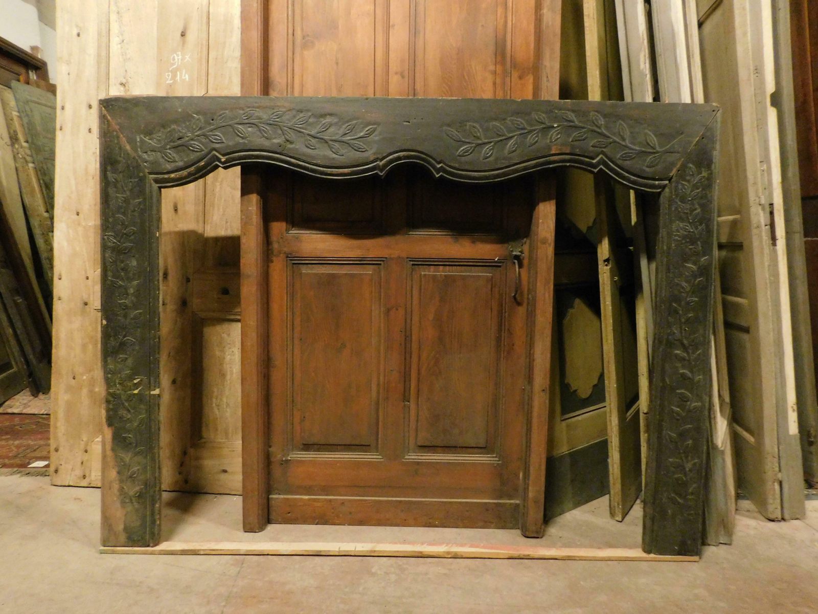 Fireplace Mantle In Black Lacquered Solid Wood With Floral Carvings, Italy photo for sale